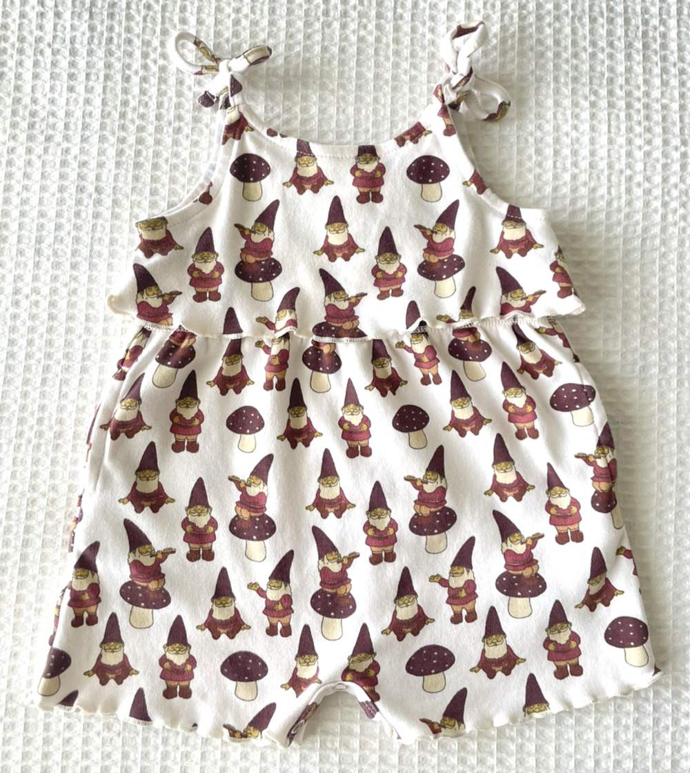 Kate Quinn Size 6-12 Month Sleeveless Romper Gnomes Mushrooms One Piece Shortie